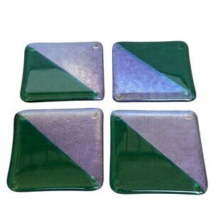 Handmade Green Purple Fused Art Glass Pastry Coasters Set Of 4 Abstract Artsy